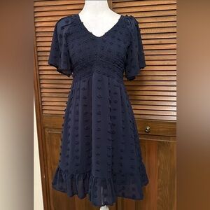 Annebouti Swiss Dot Navy Blue Short Flutter Sleeve V-Neck Dress Size S